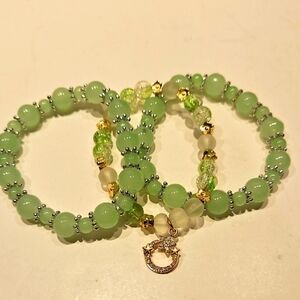 3 Soft Green, Goldtone & Silvertone Glass Beaded Stretch Bracelet Set